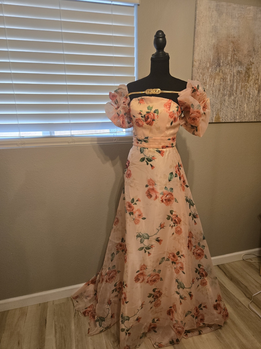 Floral Strapless Ball Gown Dress in Peach with Puff Sleeves